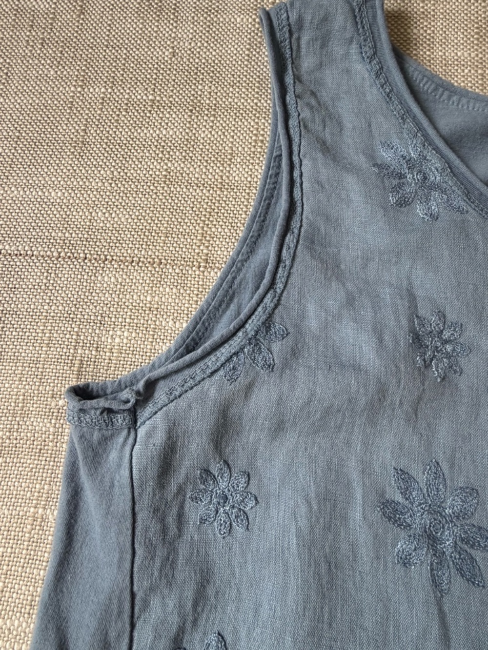 Italian Linen Cotton Blend Blue Floral Embroidery Boho Sleeveless Top-Sz-XL - Picture 11 of 16